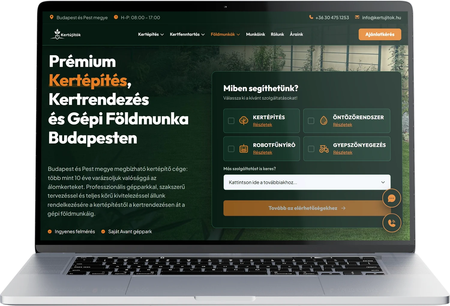 Kertújítók weboldal asztali nézetben