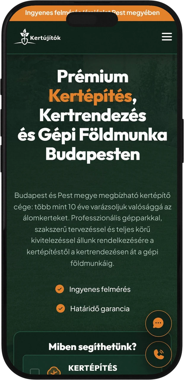 Kertújítók weboldal mobil nézetben